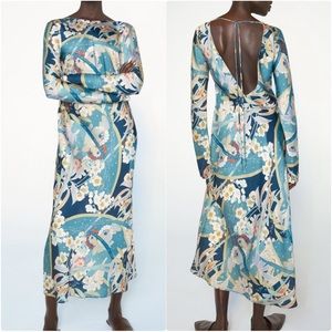 NWT ZARA Lingerie Blue Mixed Floral Print Bias Cut Satin Effect Midi Dress XL